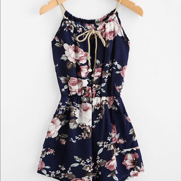 Pants - Blue, White, Pink Floral Romper